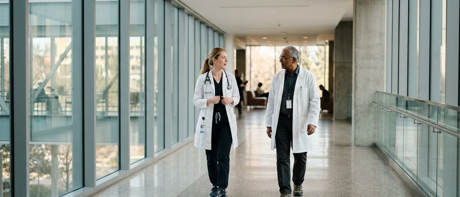 Clinical and administrative colleagues working together in a hospital setting