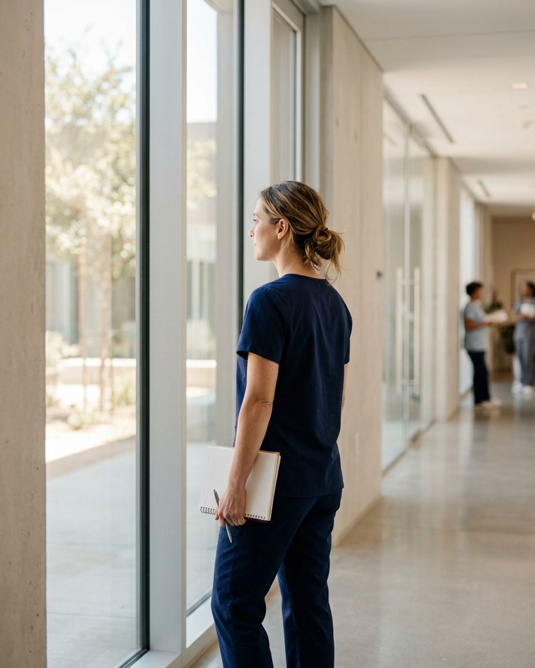 A clinician walking through a hospital corridor between patient rounds