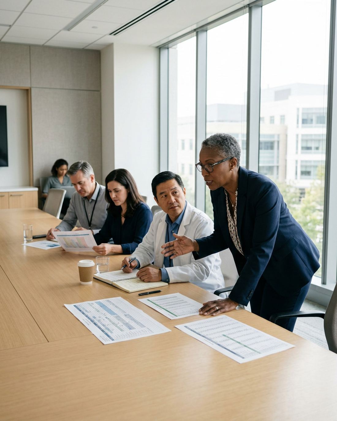 A hiring leader reviewing candidate materials in a hospital administrative office