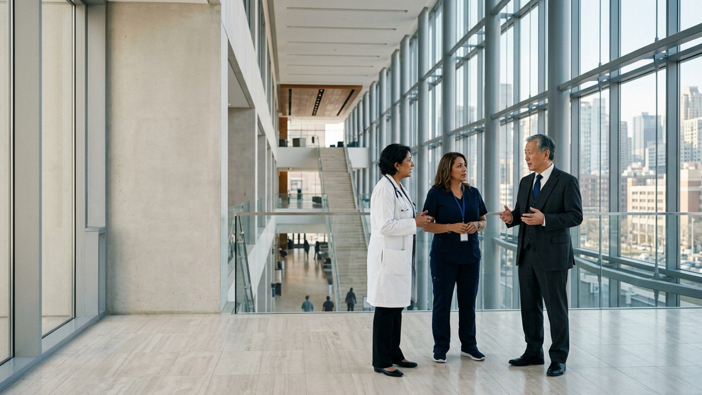Healthcare leaders in conversation in a hospital atrium
