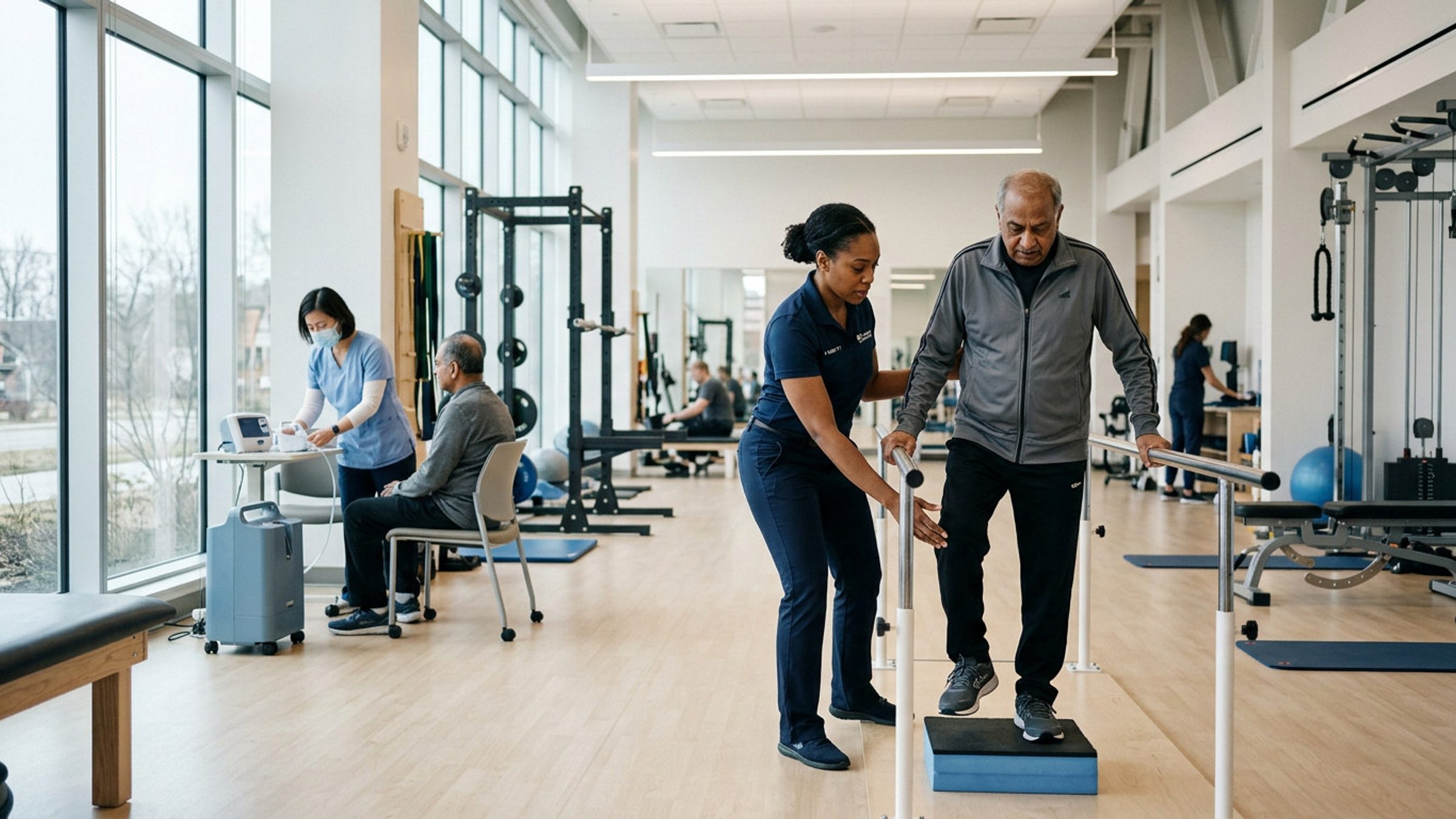 Clinical staff moving through a hospital department